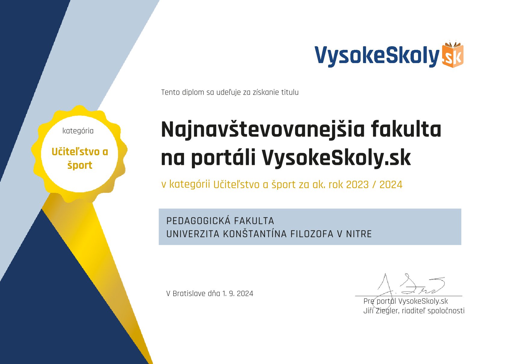 Ocenenie PF UKF VysokeSkoly.sk 1. miesto
