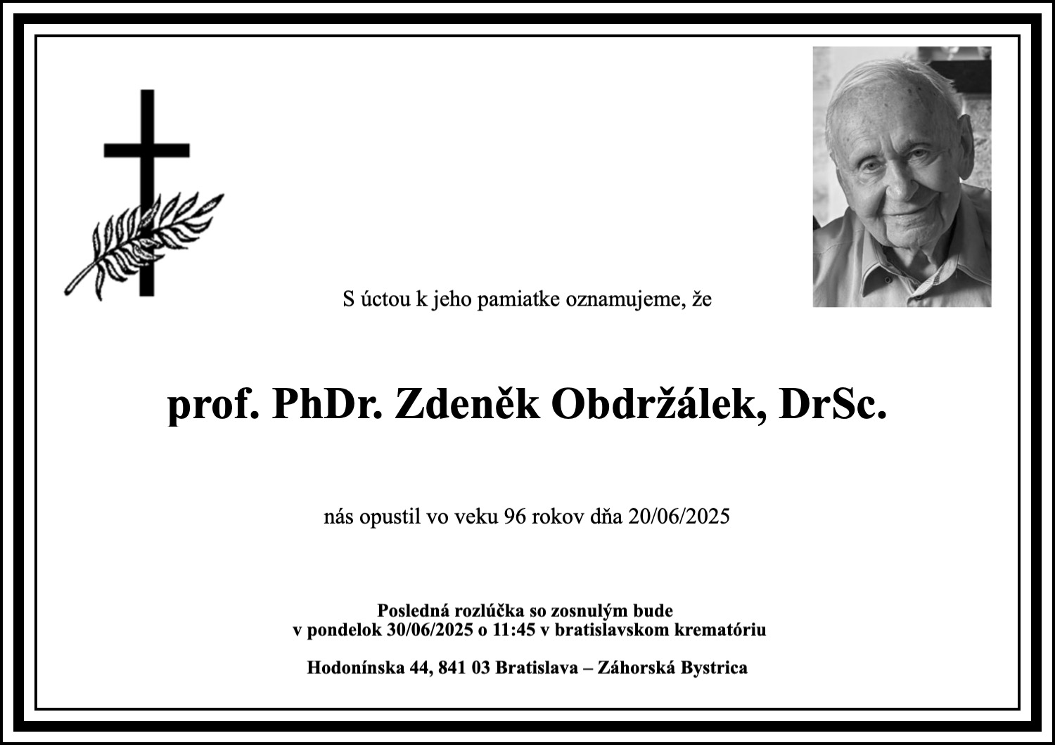 zdenek obdrzalek smutocne oznamenie